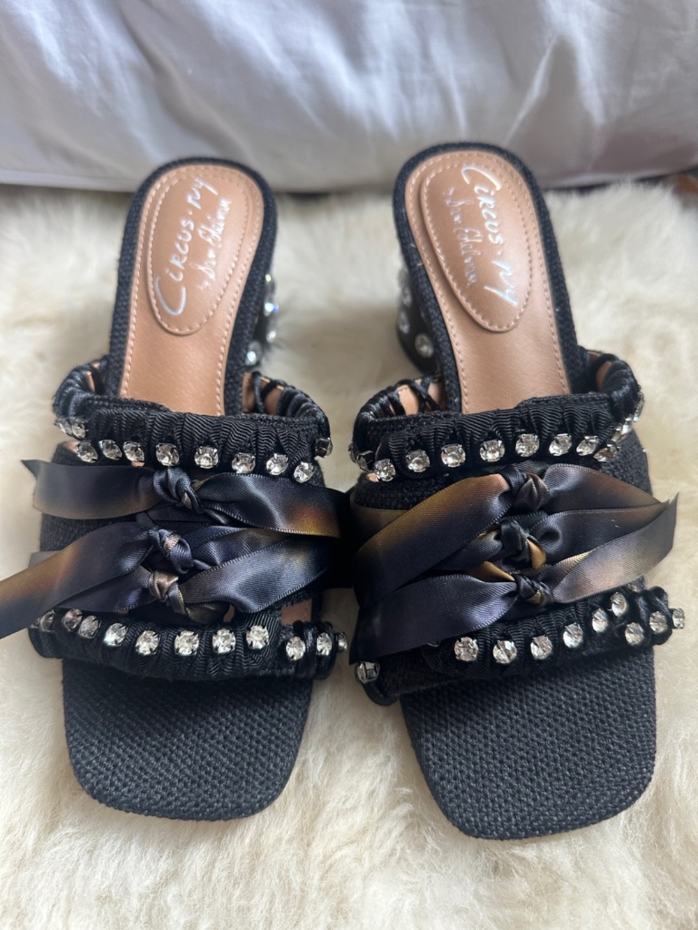 Circus NY by Sam Edelman Vera Block Heel Sandals Black Crystal Ribbon Size 6.5